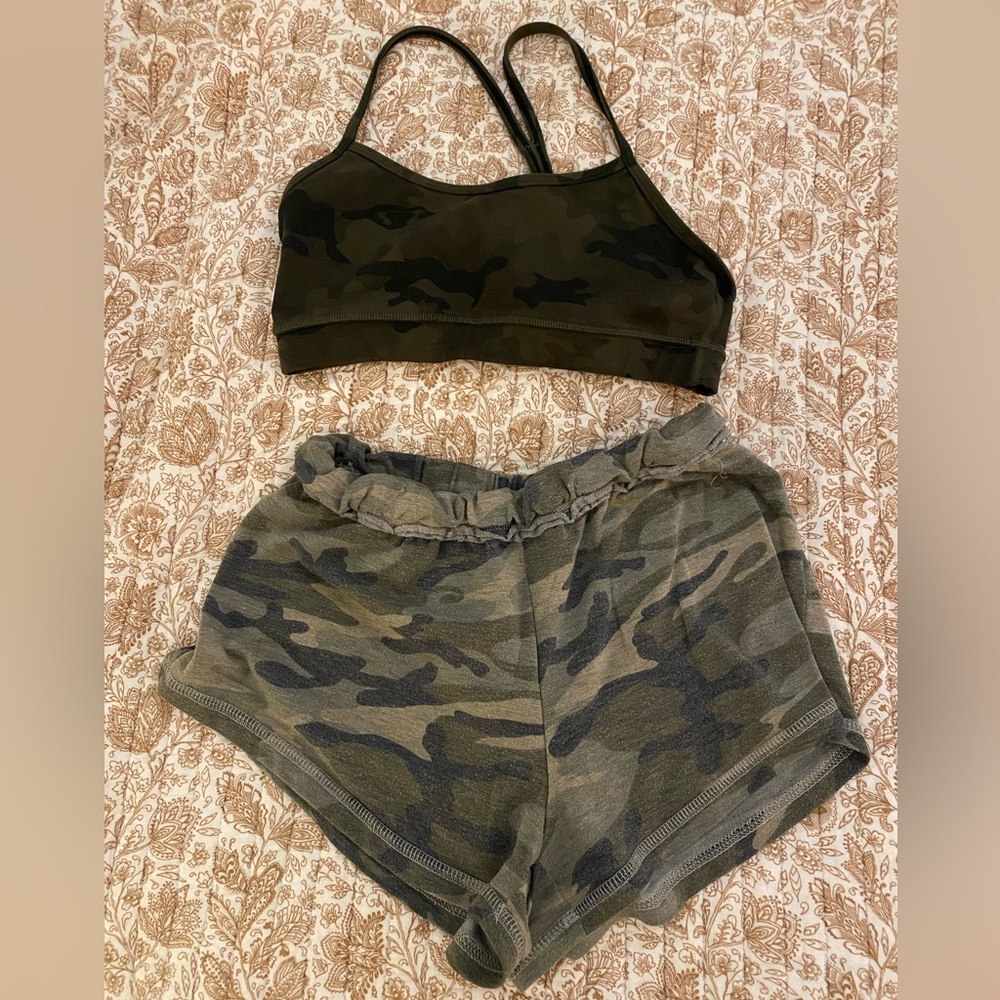 Lululemon Athletica Camo Sports Bra and Shorts Set - Green and Black